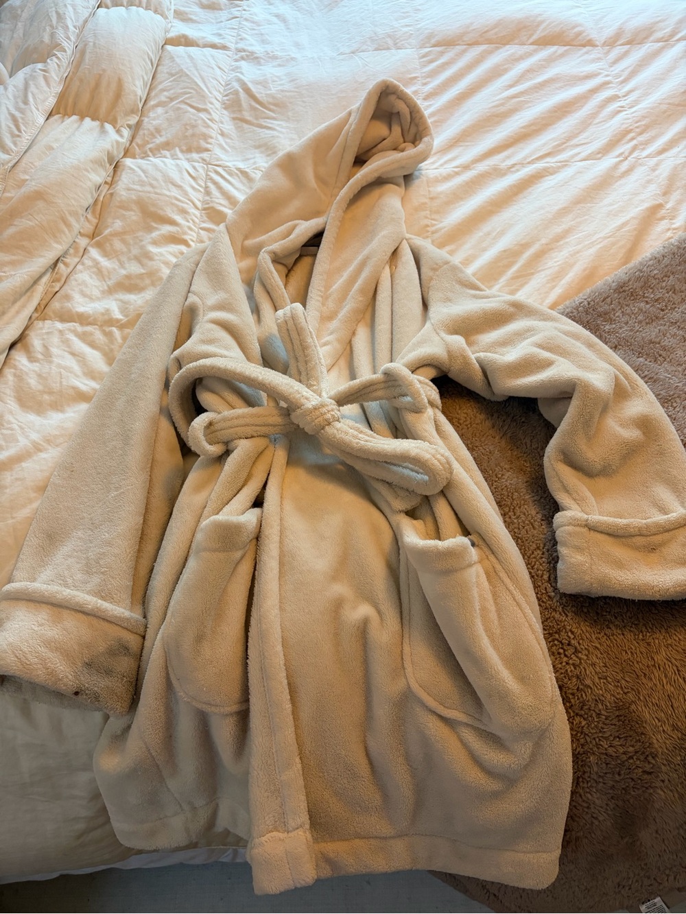 aerie Plush Hooded Fleece Robe in Cream
